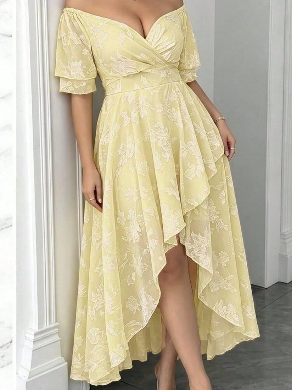 Light Yellow Elegant Women's Plus Size Off-Shoulder Floral hi low Maxi Dress - Picture 5 of 5